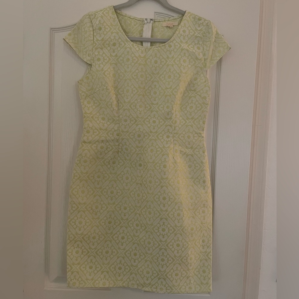 Tulle Light Green Patterned Midi Dress – Floral Tulle, Cap Sleeve, Size S